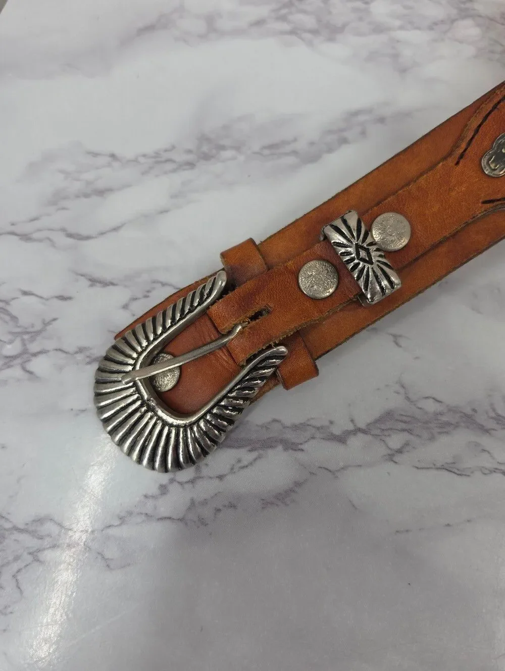 Vintage Tan Leather Men's Western Top Hand Belt Silver Floral Concho Accents